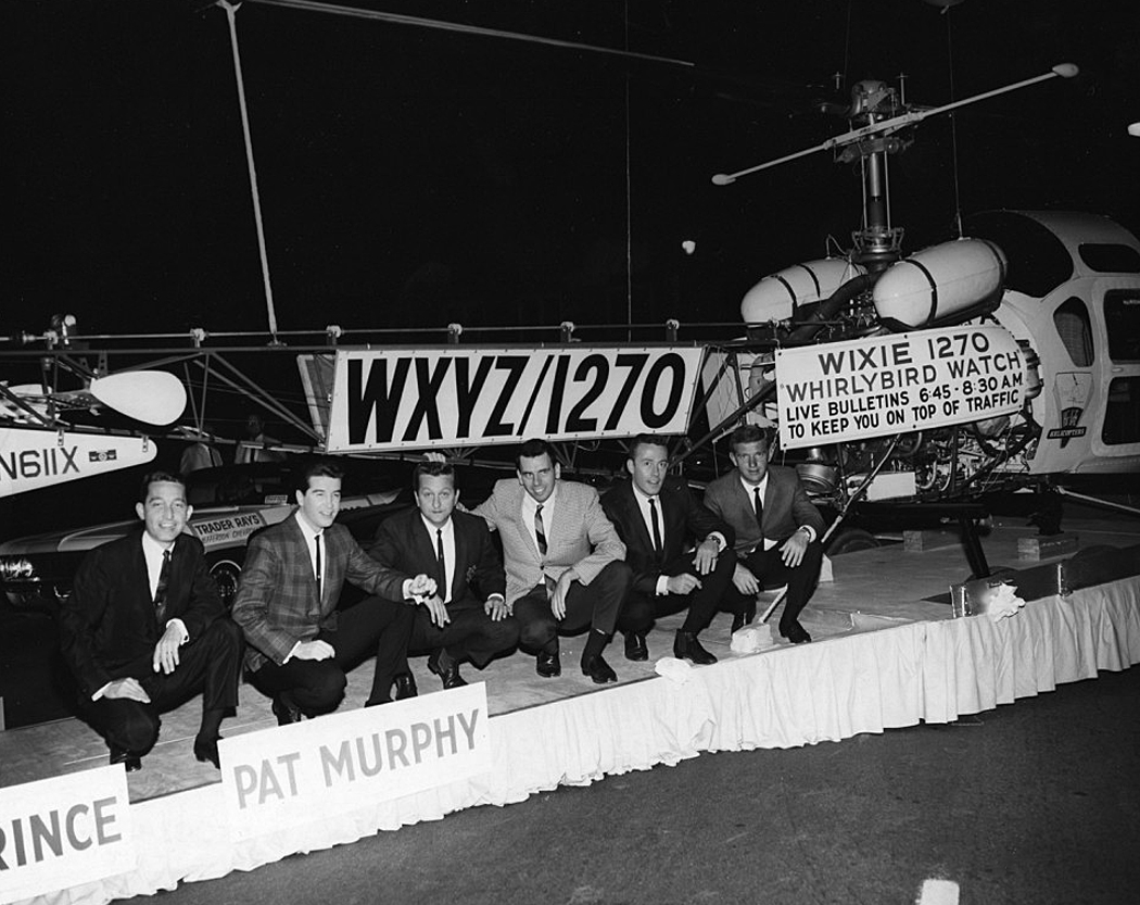 The last of the WXYZ Top 40 air-aces: Dave Prince; Danny Taylor; Pat Murphy; Jim Hampton; Lee Alan; Marc Avery, 1966. (Photo courtesy Jim Hampton)