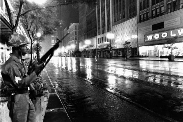 National Guard on Woodward Avenue, downtown Detroit. Detroit on curfew, under federal martial law, July 26, 1967
