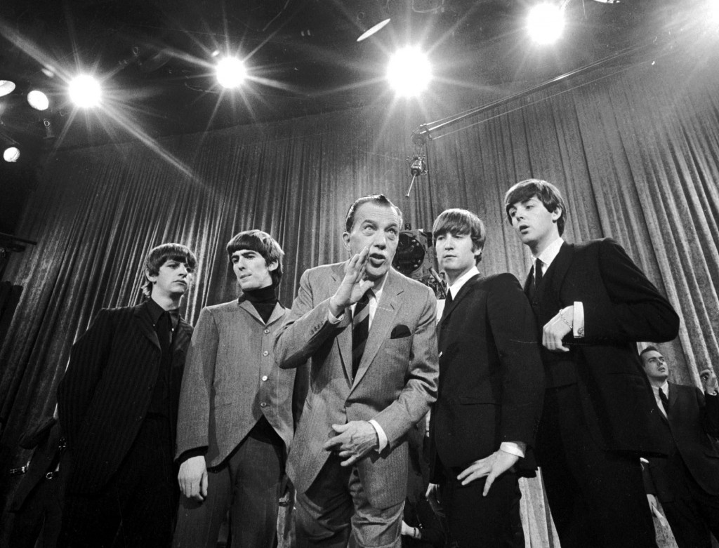 Ed Sullivan with the Fab Four backstage during a dress rehearsal in February, 1964