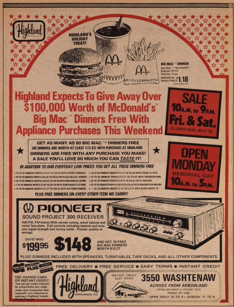 Highland Appliance Ad 1976