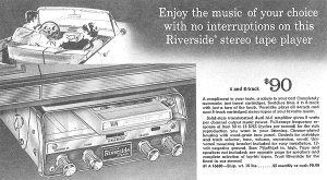 A Riverside automatic stereopak cartridge car player from the latter 1960s. Plays 4-track or 8-track cartridge tapes. (Click on image for large detailed view).